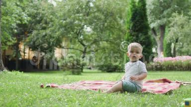 坐在格子布上的小男孩在公园里哀鸣